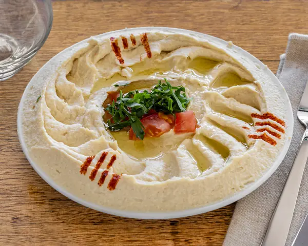 Hommus, made in the shop with lemon, tahini and olive oil